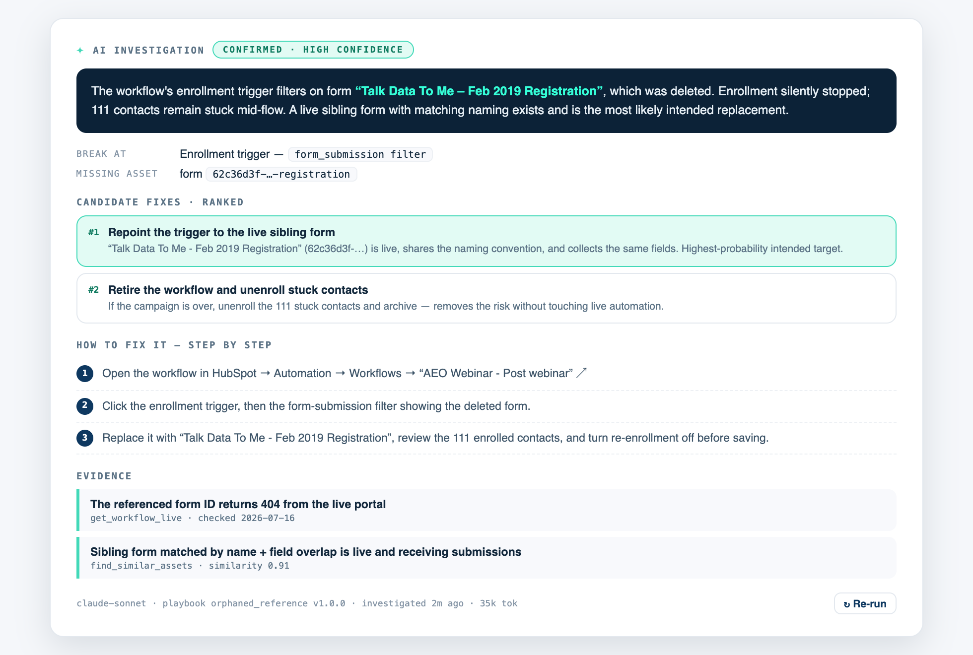 AI investigation verdict with exact break, ranked fixes, steps, and evidence